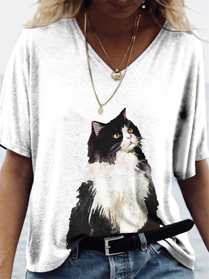 Women's V-neck T-shirt Black Cat Design Printed Short-sleeved S M L XL 2XL 3XL 4XL 5XL