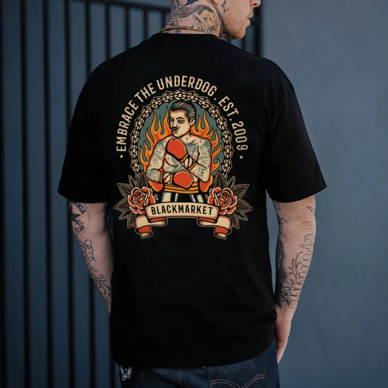 EMBRACE THE UNDERDOG Boxing Man Black Print T-Shirt