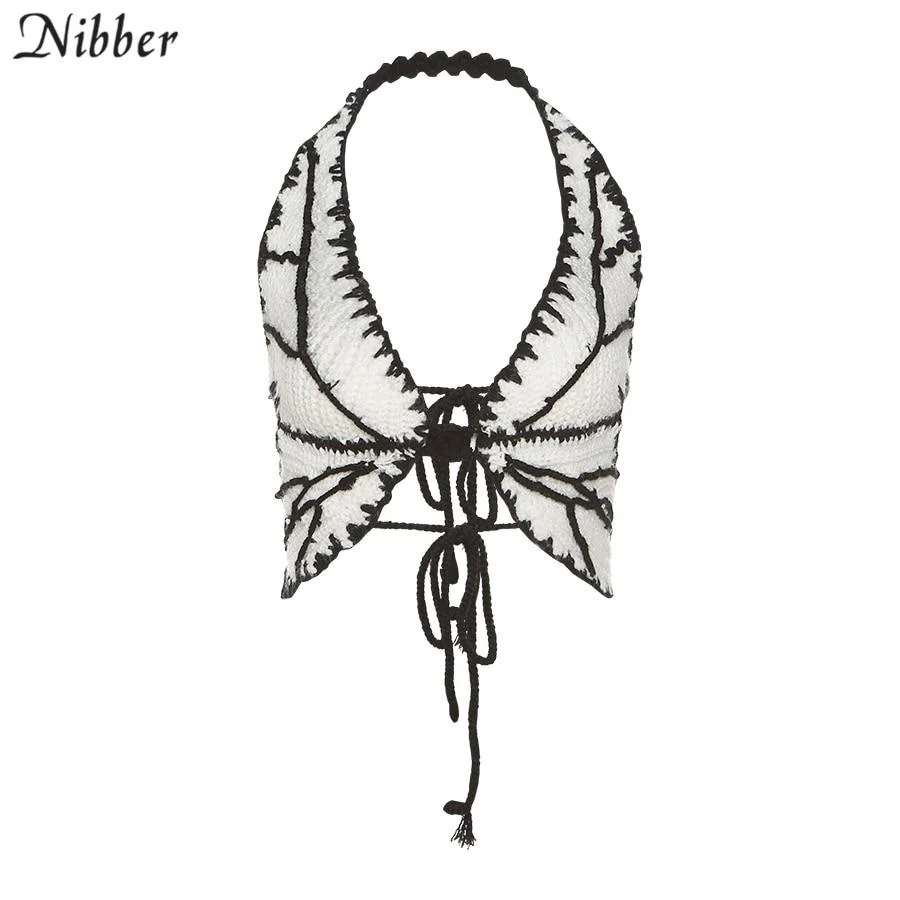 NIBBER Butterfly Sexy Y2K Top Women Halter Bandage Sleeveless Hipster Knitted Beach Tunic Summer Fashion Party Club Camisole 1005