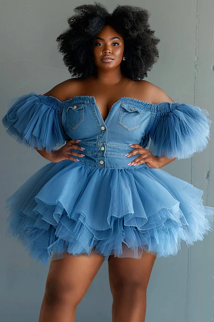 Xpluswear Design Plus Size Party Tulle Blue Off The Shoulder Short Sleeve Pleated Contrast Denim Mini Dresses [Pre-Order] 2024 - Xpluswear