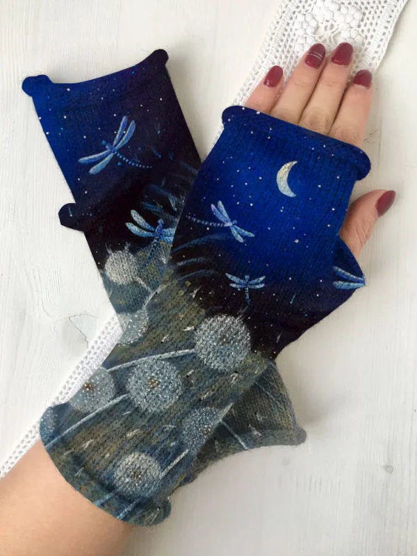 （Ship within 24 hours）Retro dragonfly printed knit fingerless gloves