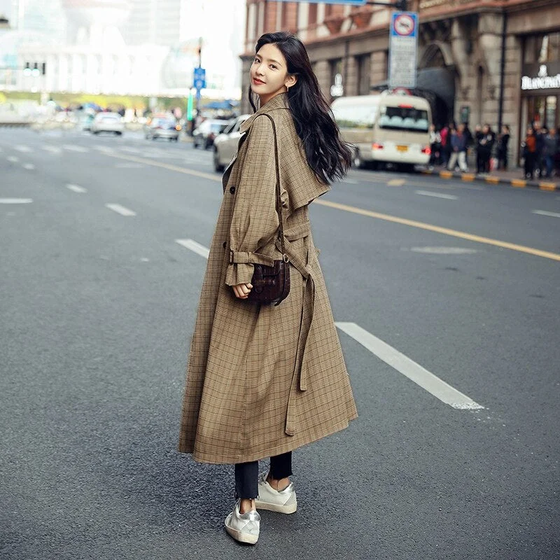 Women Trench Coat Plaid Long Double-Breasted Duster Coat for Lady Oversize Loose Outerwear Spring Fall Clothes