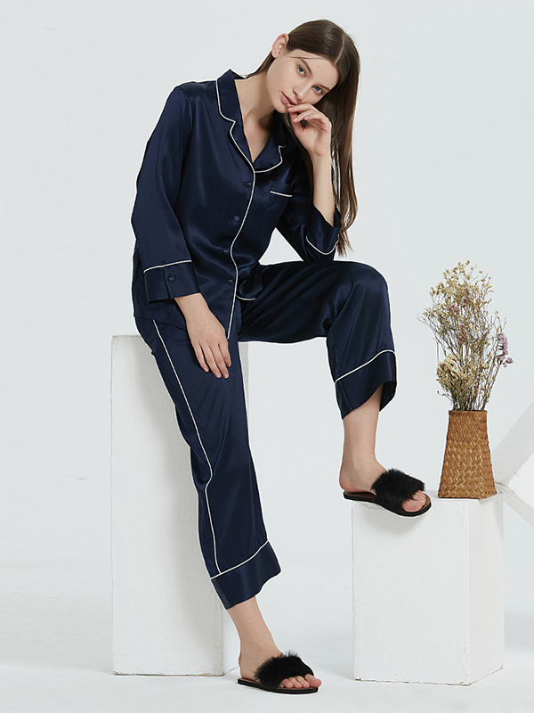22 Momme French Design Long Silk Pajama Set Blue