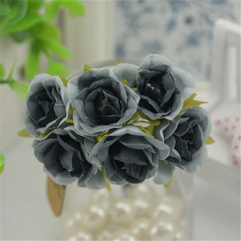 6 pcs/lot Mini Silk Artificial Gradient Rose Flower Bouquet For Wedding Decoration DIY Scrapbooking Fake Flowers Wreath Supplies