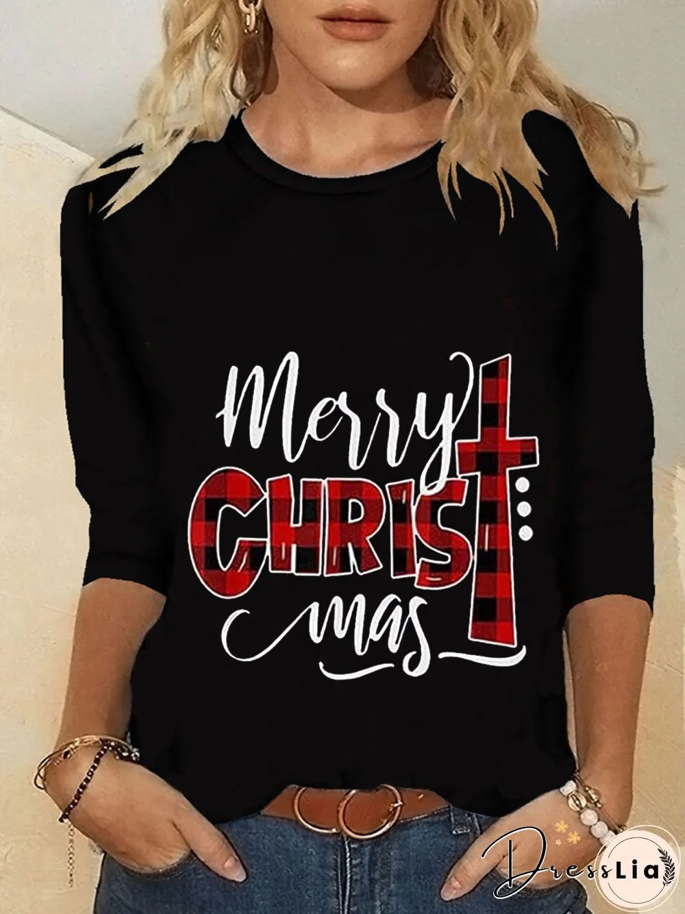 Christmas Xmas Long Sleeve Round Neck Plus Size Printed Tops T-shirts