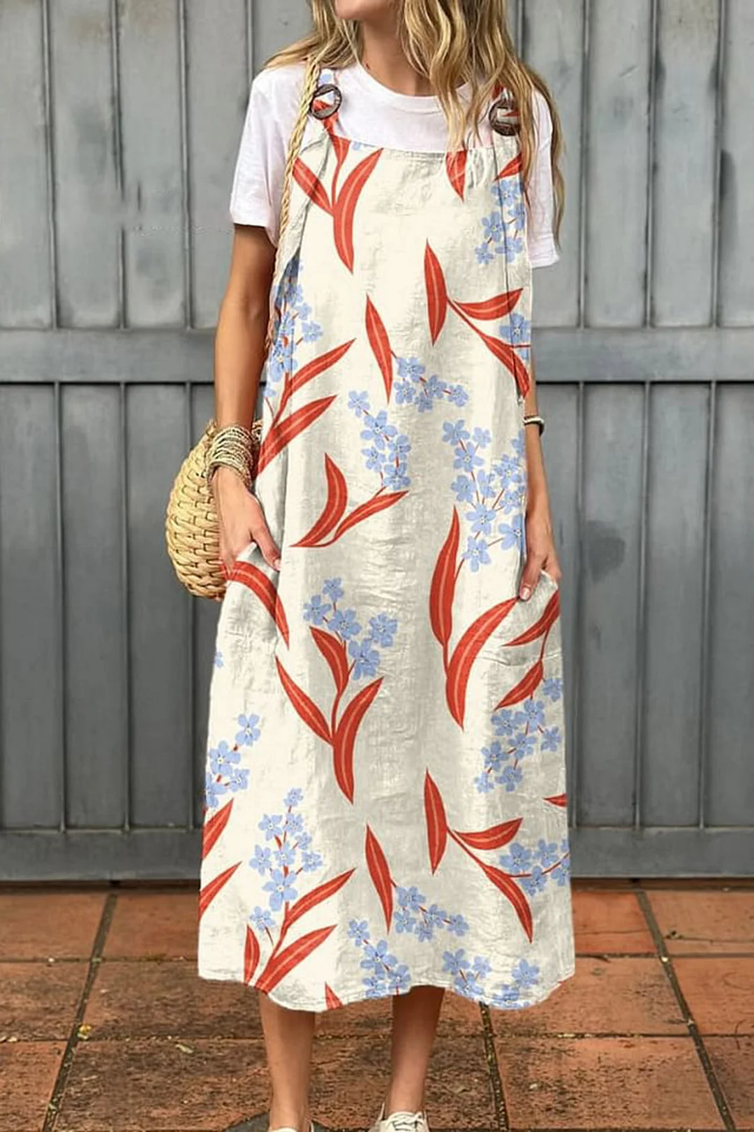 Women's Vintage Floral Art Print Cotton Pocket Suspender Dress
