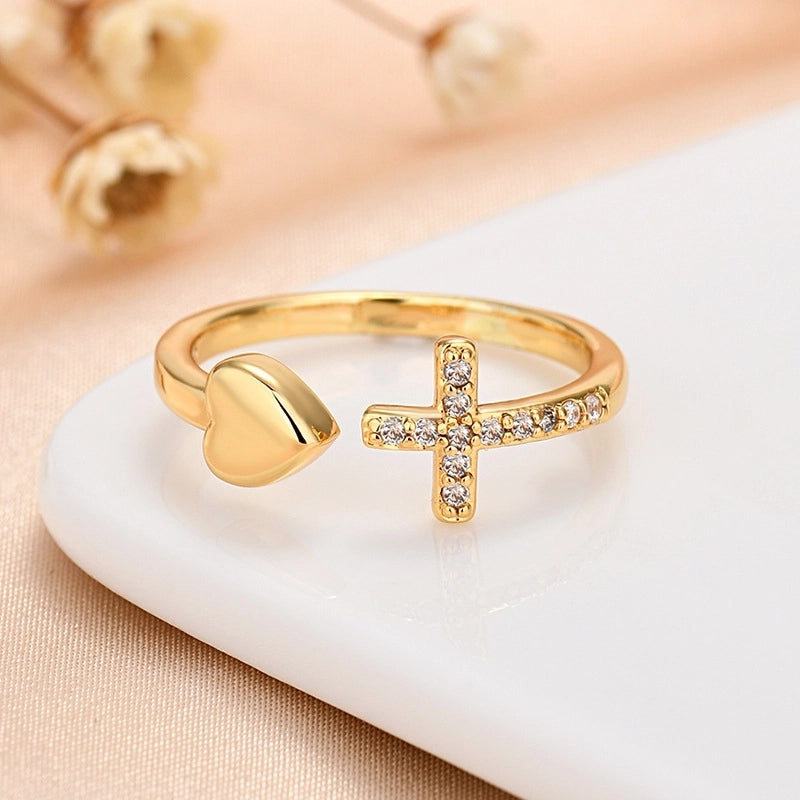 IG Style Cross Heart Shape Copper Zircon Inlay Open Rings