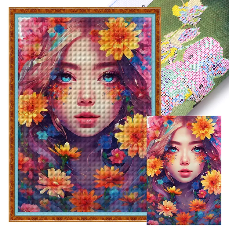 Flowers And Girl - Printed Cross Stitch 11CT 40*60CM