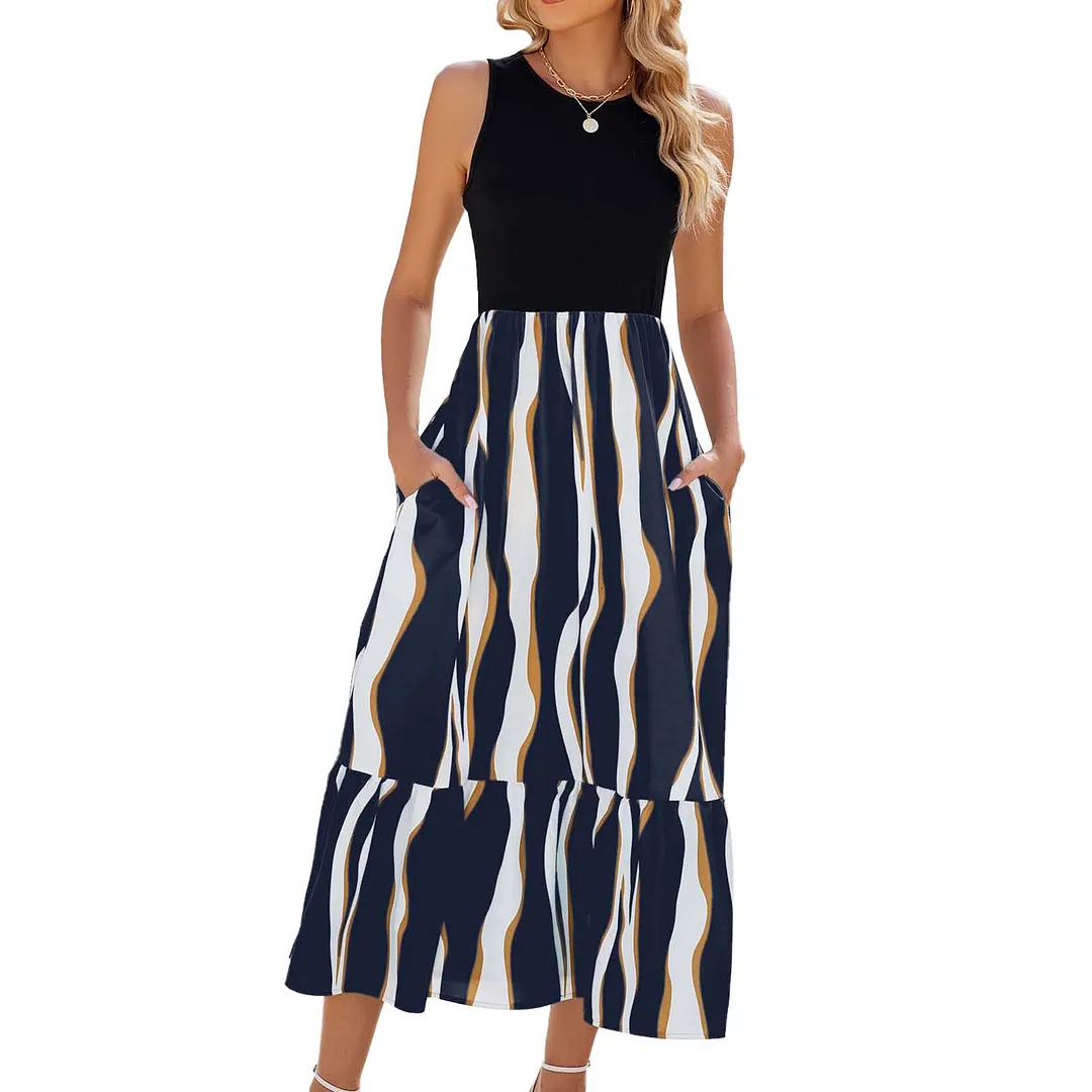 Churchf Churchf / Summer 2024 New Round Collar Sleeveless Print Tie-Dye Casual Dress Woman
