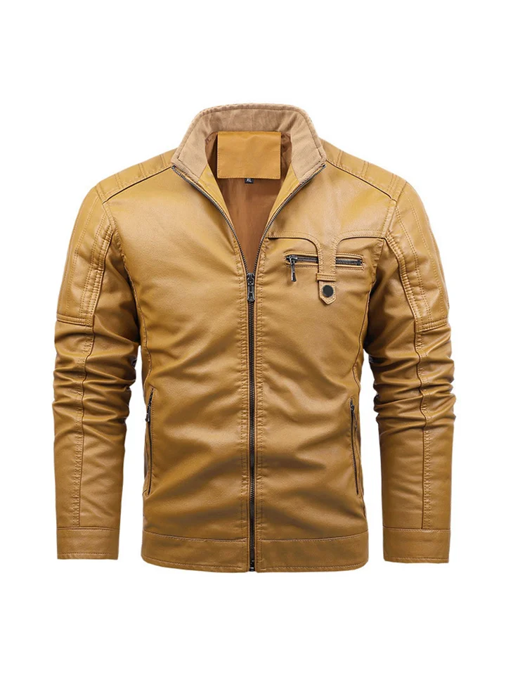 Men's Solid Color Casual Basic Section Loose Pu Leather Jacket Men Jacket Stand Collar Zipper Insert Pockets Buckle Decoration Jacket-Cosfine