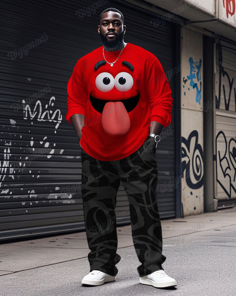 Men's Plus Size Red Fun Expression Printing Long Sleeve T-Shirt Trousers Suit