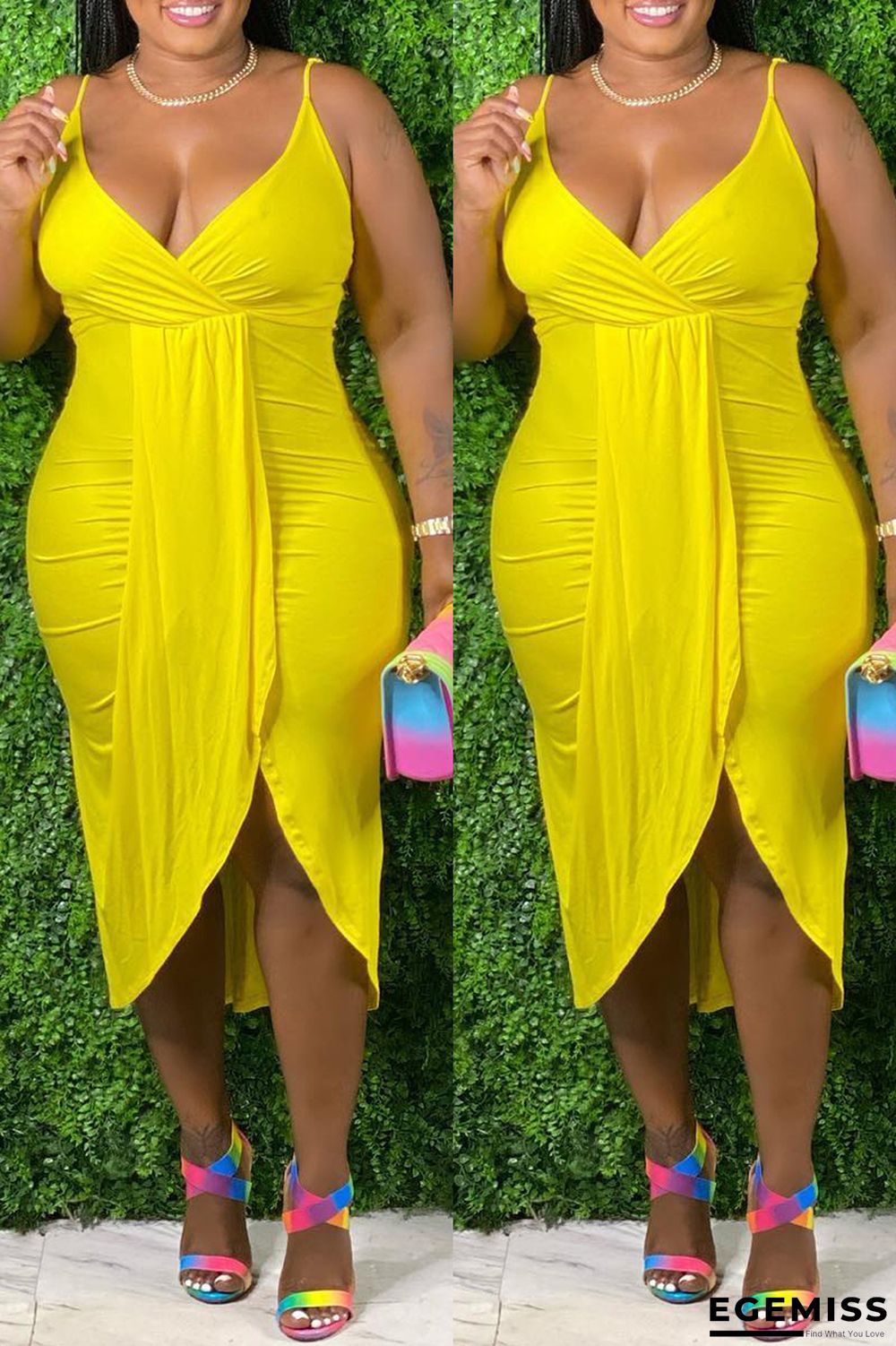 Yellow Fashion Sexy Plus Size Solid Patchwork V Neck Sling Dress | EGEMISS