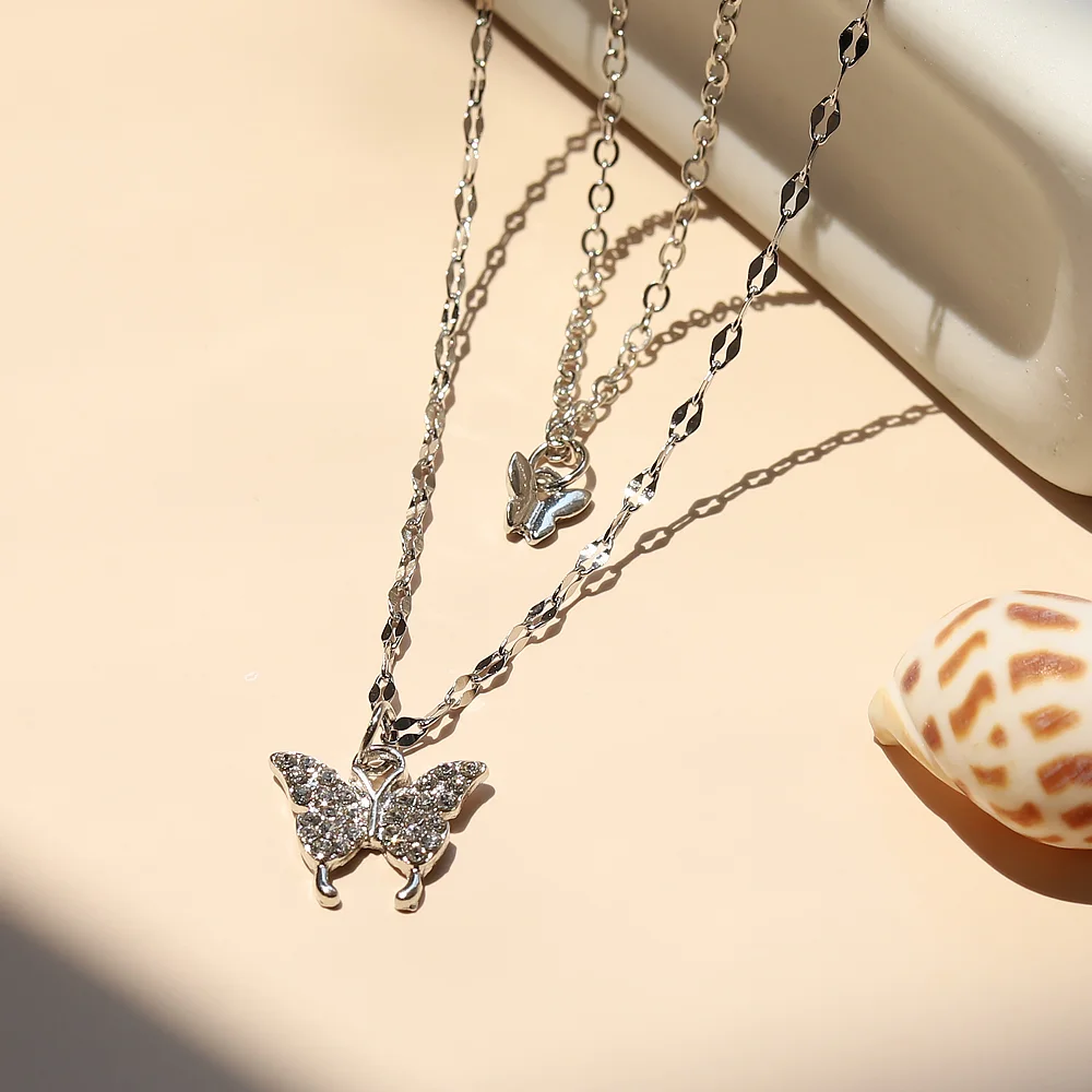 Meladen™ Erste Wahl für Geschenke-exquisite Kristall Schmetterling Doppelkette 925er Sterling Silber Schmuck