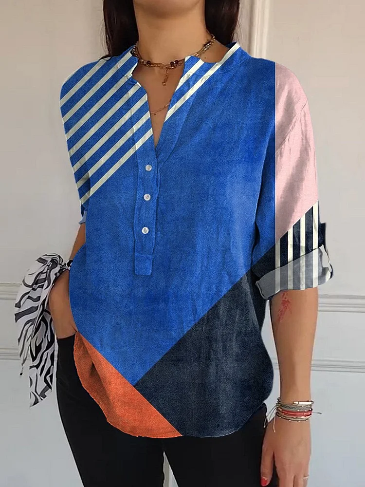 Minimalism Bauhaus Geometric Art Printed Women's  Print Casual Long Sleeve Comfortable Cotton Shirt