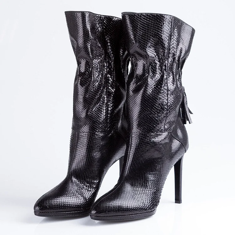 Black Snakeskin Embossed Tassels Stiletto Heel Mid Calf Slouch Boots |FSJ Shoes