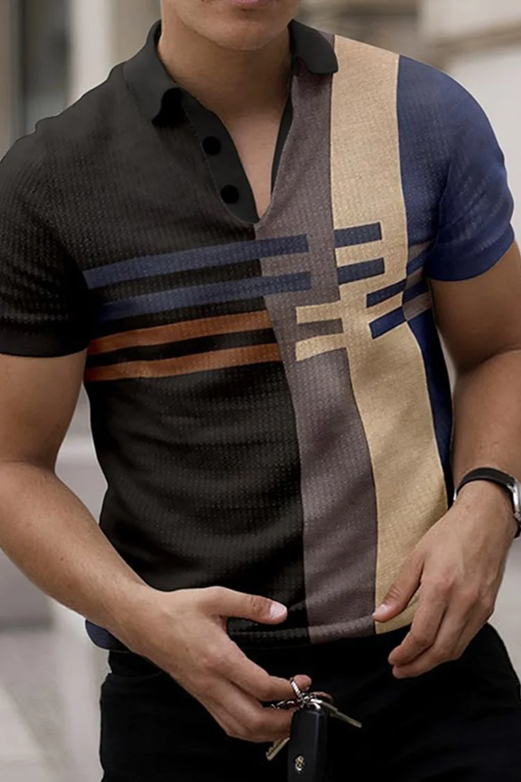 BrosWear Color Block Striped Short Sleeve Polo Shirt