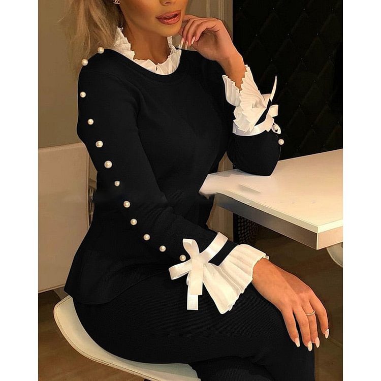 Shirts Bowknot Buttoned Cuff Slim Blouse Autumn Long Sleeve Women Tops Casual Elegant Knit Wild Office Splicing Blouses 2022 - BlackFridayBuys