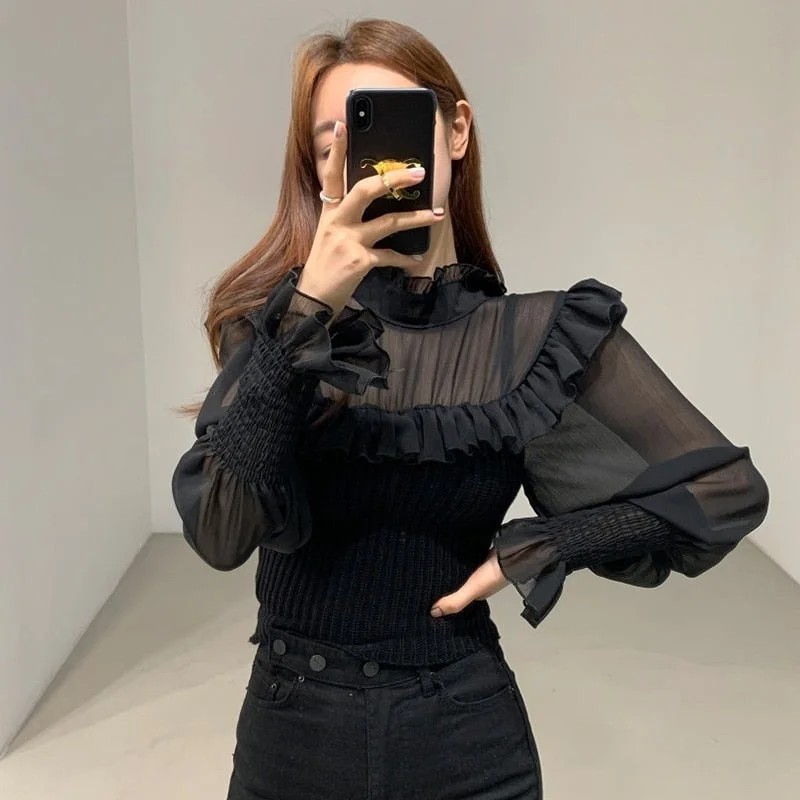 Causal Pleated Knit Ruffle Blouse Women Elegant Turtleneck Winter Top Autumn 2021 Korean Fashion Slim Chiffon Shirt Blusas 16481