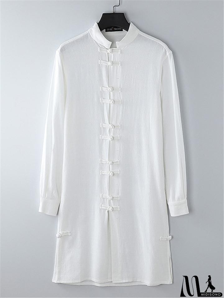 MidiSono - Mens Vintage Stand Collar Solid Color Cotton&Linen Robes