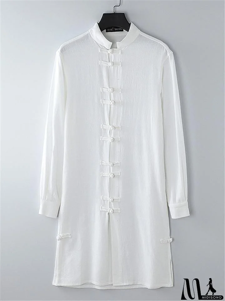 MidiSono - Mens Vintage Stand Collar Solid Color Cotton&Linen Robes