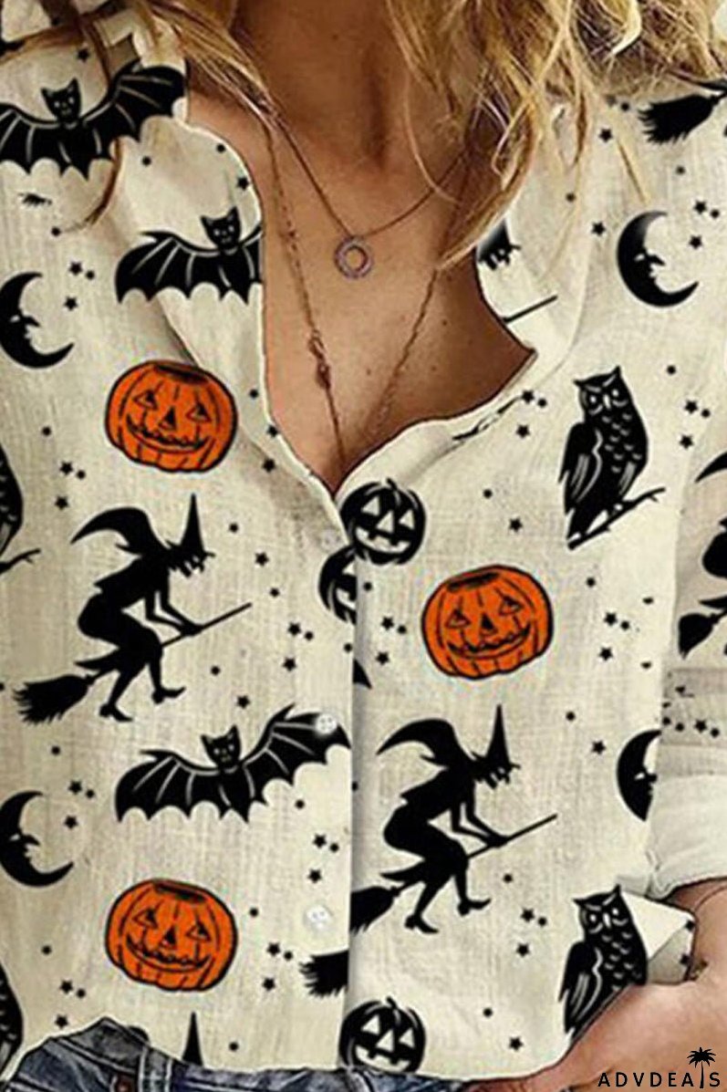 Print Lapel Long Sleeves Button Up Casual Halloween Shirt Blouses