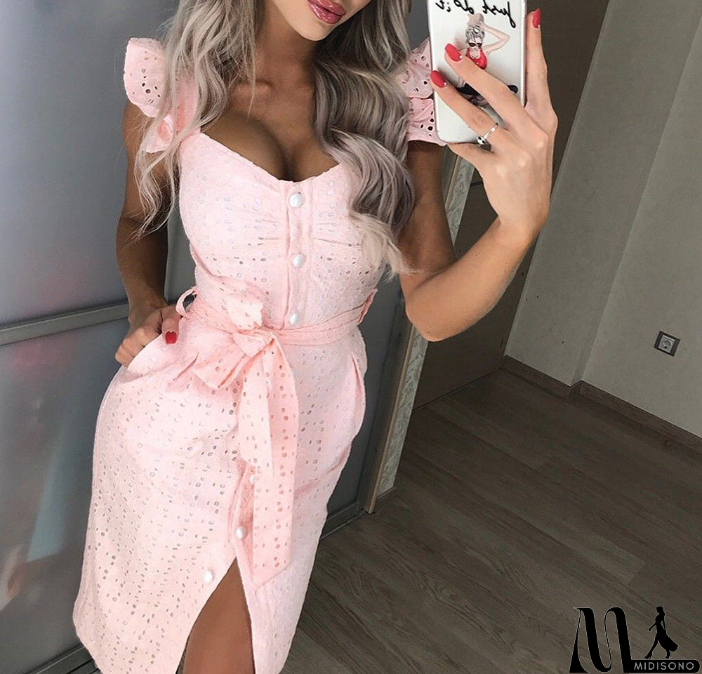 MidiSono - Solid Color Belt Stitching Embroidered Dress