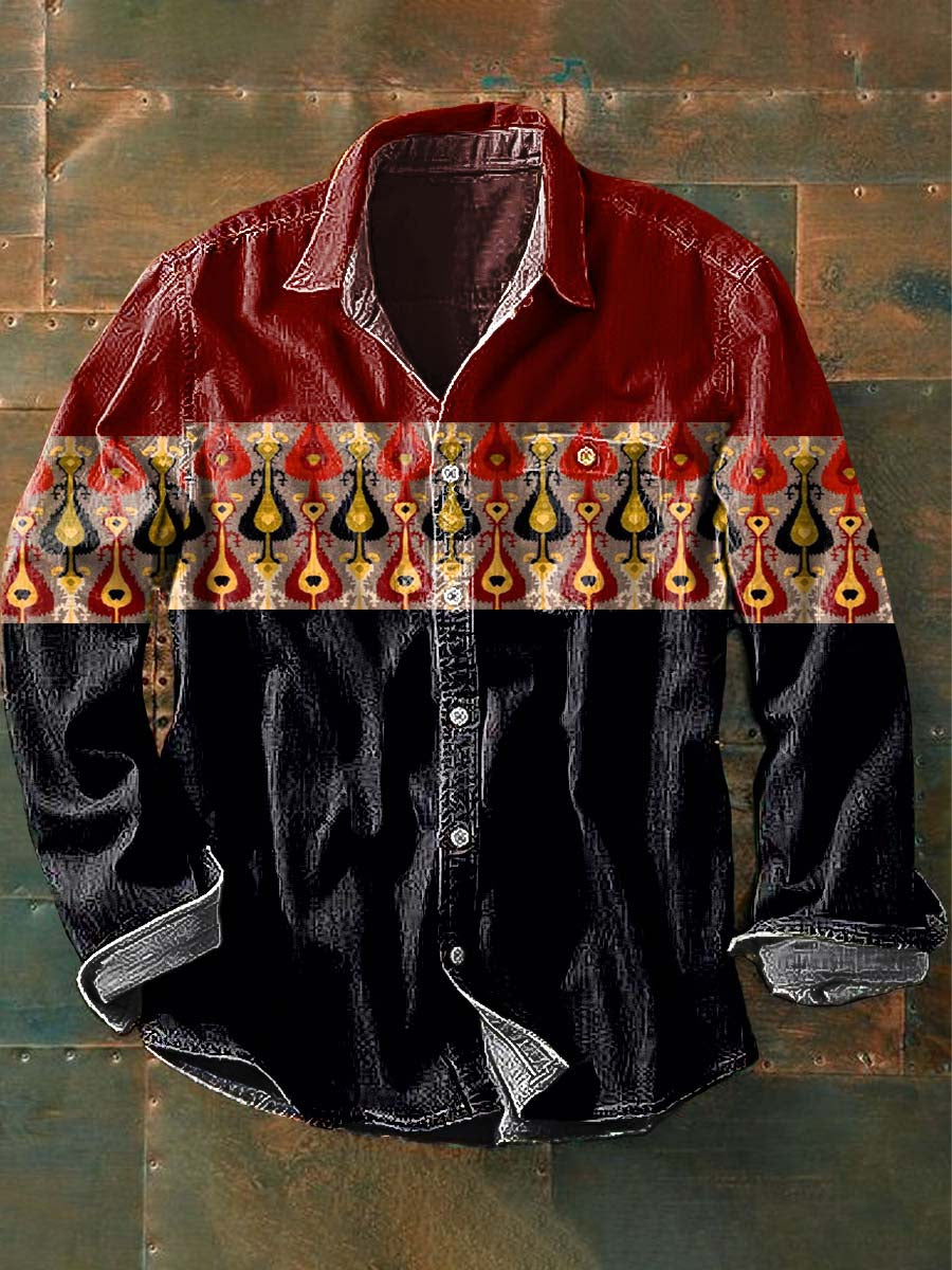 Men's Vintage Spliced Western Pattern Print Casual Lapel Long Sleeve Shirt