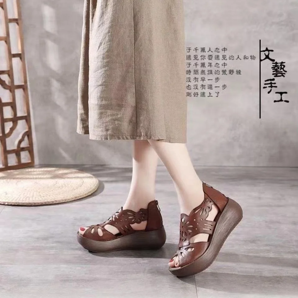 Women's Sandals Genuine PU Leather Handmade Ladies Shoes 2021 Summer Thick Sole Women Retro Sandals Leather Gladiator Sandals