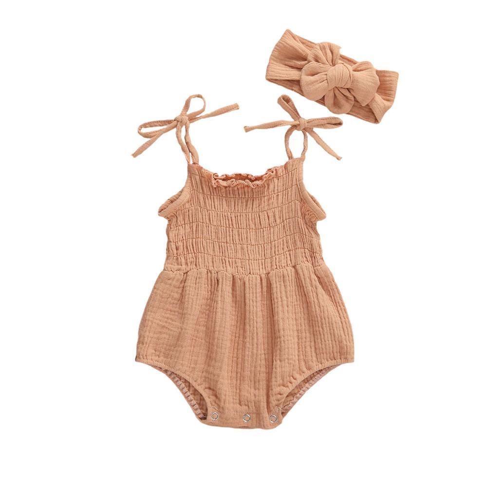 2020 Baby Summer Clothing Infant Newborn Baby Girls Boys Solid Cotton Linen Bodysuits Sleeveless Strap Jumpsuits +Headband