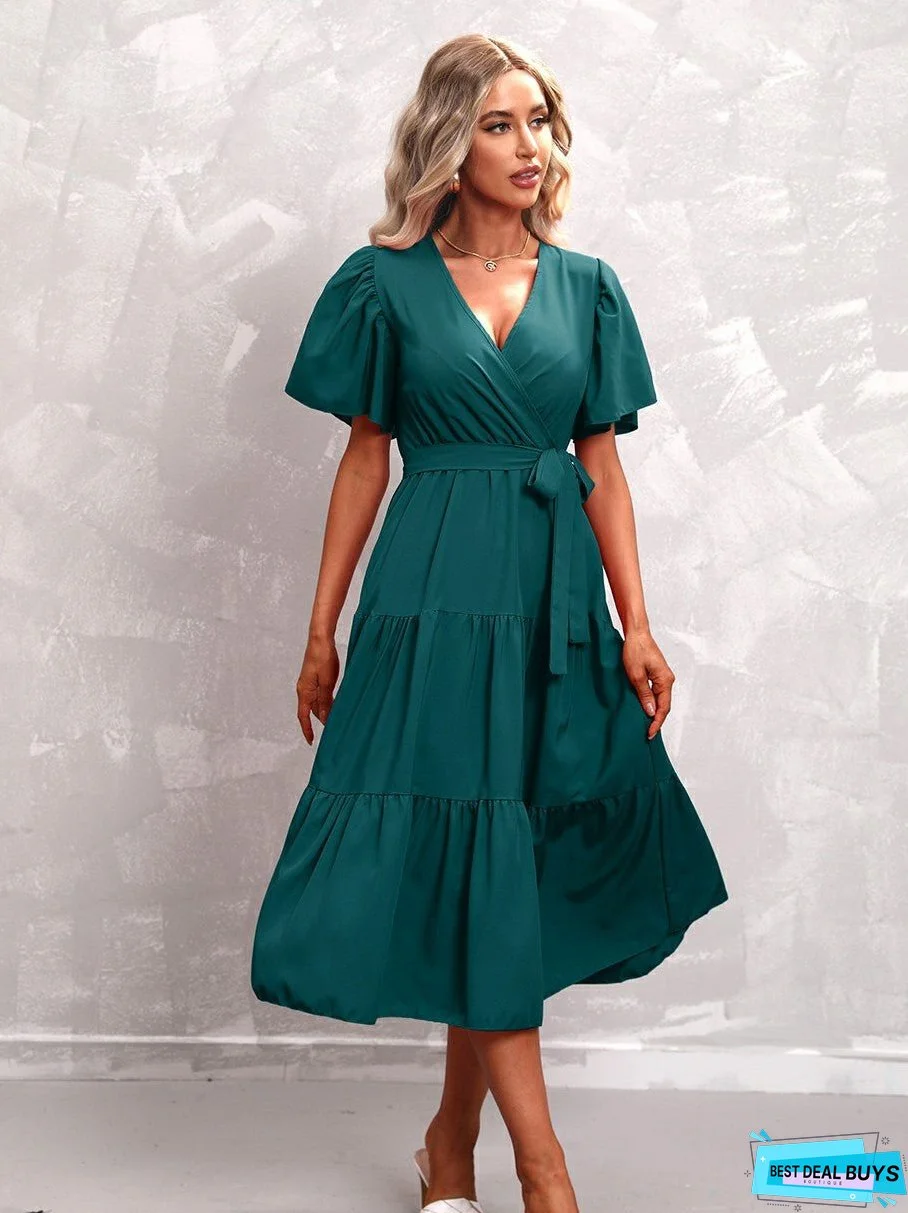 Solid Color Belted Short Sleeves Dress