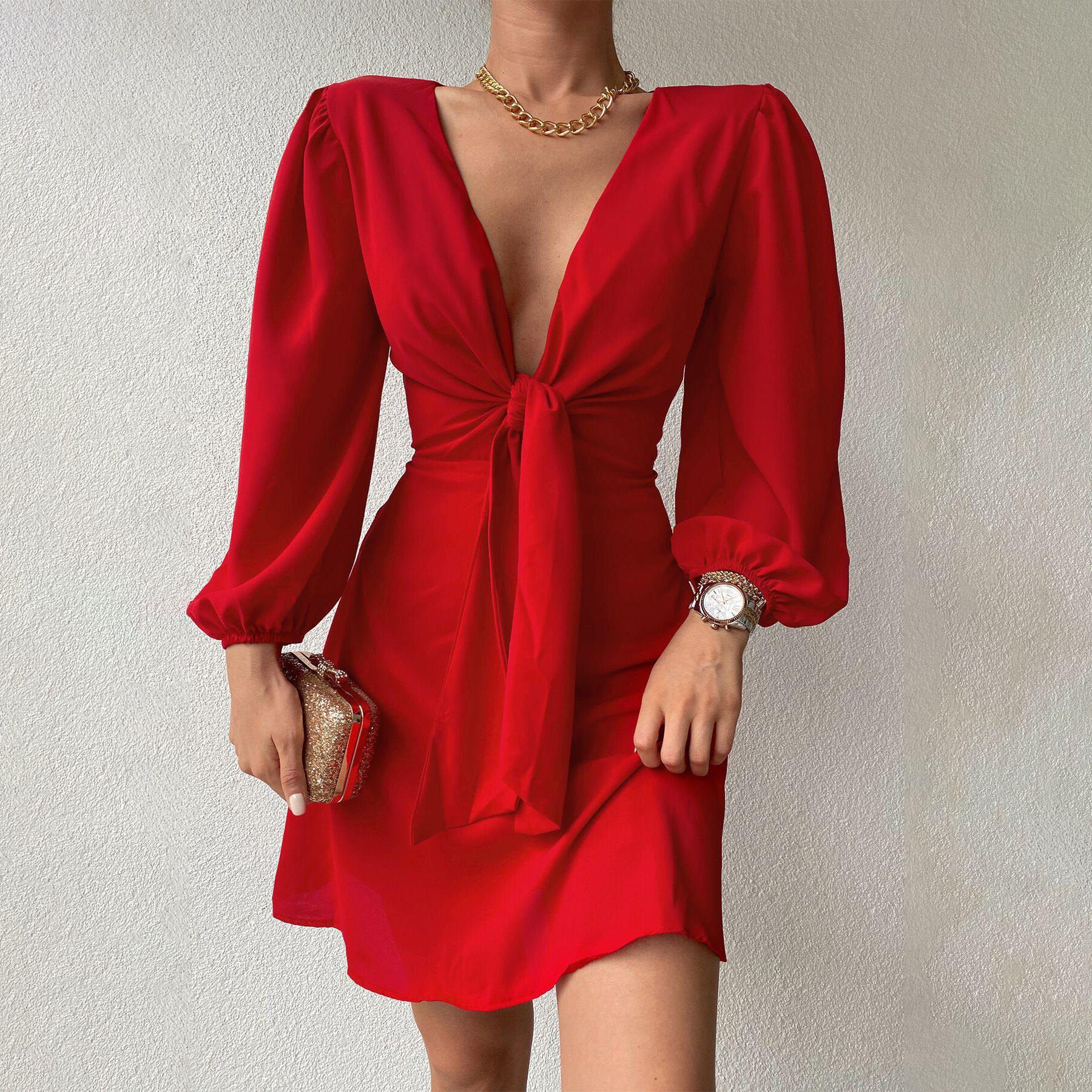 Women Sexy Deep V-Neck Mini Dress Lantern Sleeve Solid Sashes Satin Party A line Dress 2021 Autumn New Office Lady Vintage Dress