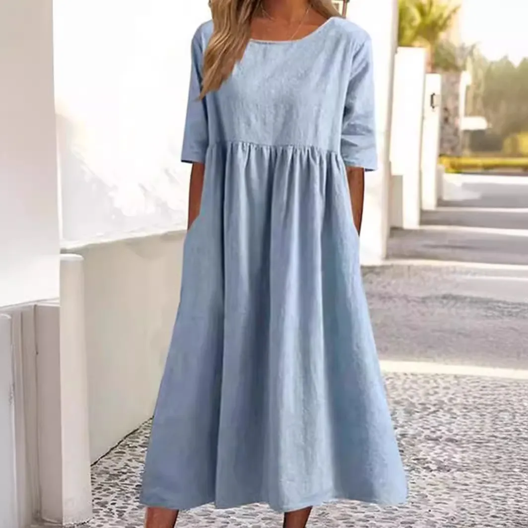 Brownm Brownm Cotton-Sleeved Short-Sleeved Pocket Folded Loose Round-Neck Dress In Summer 2025