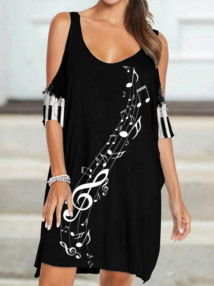 Music Notes Piano Keys Sleeve Hollow Shoulder Mini Dress wearshes