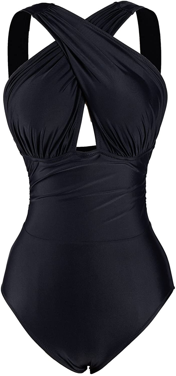 Women's Deep Feelings Cross One-Piece Swimsuit Solid Black Bathing Suit