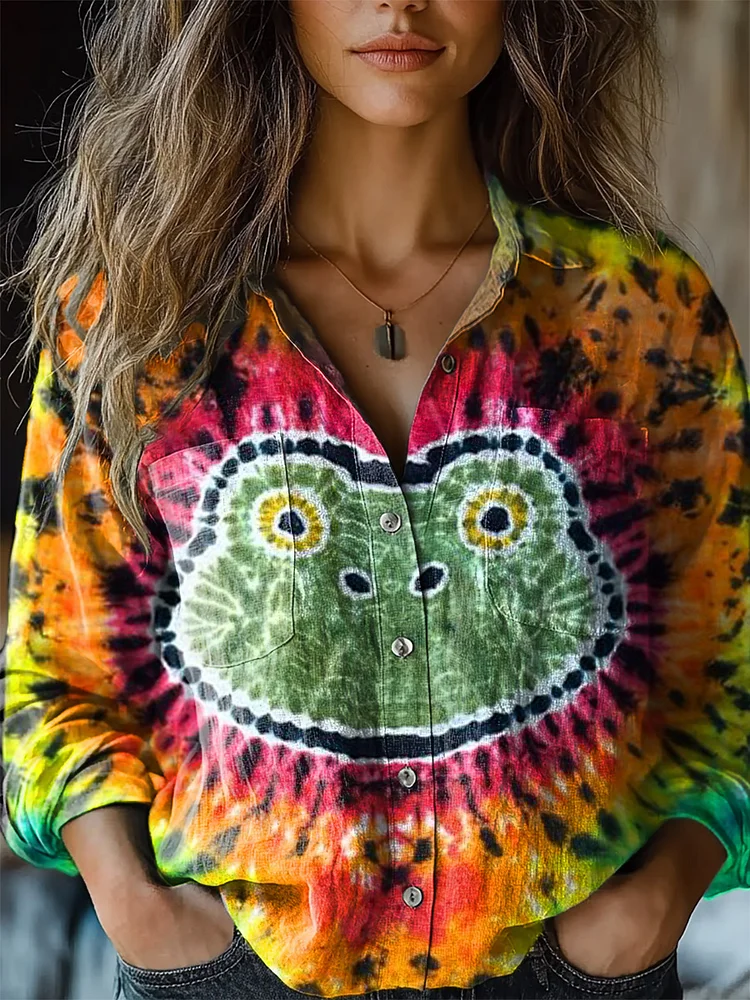 Women's Cute Frog Tie Dye Print Casual Long Sleeve Comfortable Cotton Shirt
