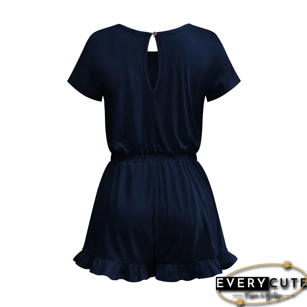 Navy Blue Button Ruffle Detail Pocketed Romper