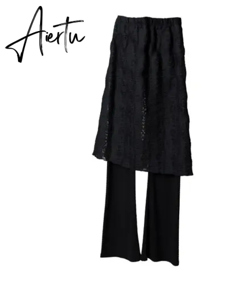 Y2k Clothes Simple Fold Patchwork Lace Slim Dress Fake Two Pieces Leggings Pants Korean Fashion Pantalones De Mujer Aiertu