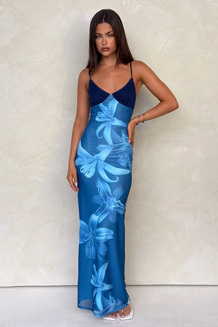 Floral Print V Neck Slim Fit Colorblock Strappy Maxi Dresses-Blue [Pre Order]