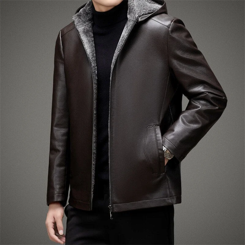 Oocharger Men's Winter Fleece Warm Leather Jacket 2023 New Men Hat Detachable Business Casual Thicken  PU  Leather & Suede Brand Coats