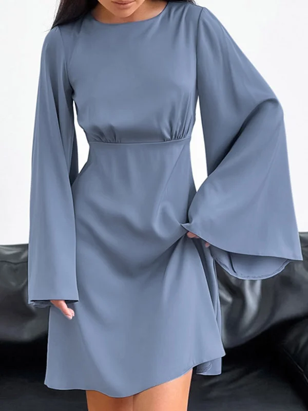 A-Line Flared Sleeves Solid Color Round-Neck Mini Dresses
