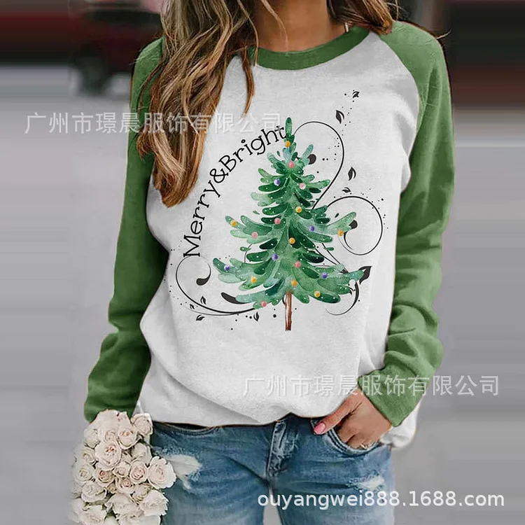 Christmas Tree Printed Raglan Sleeve T-shirt Plus Size VangoghDress
