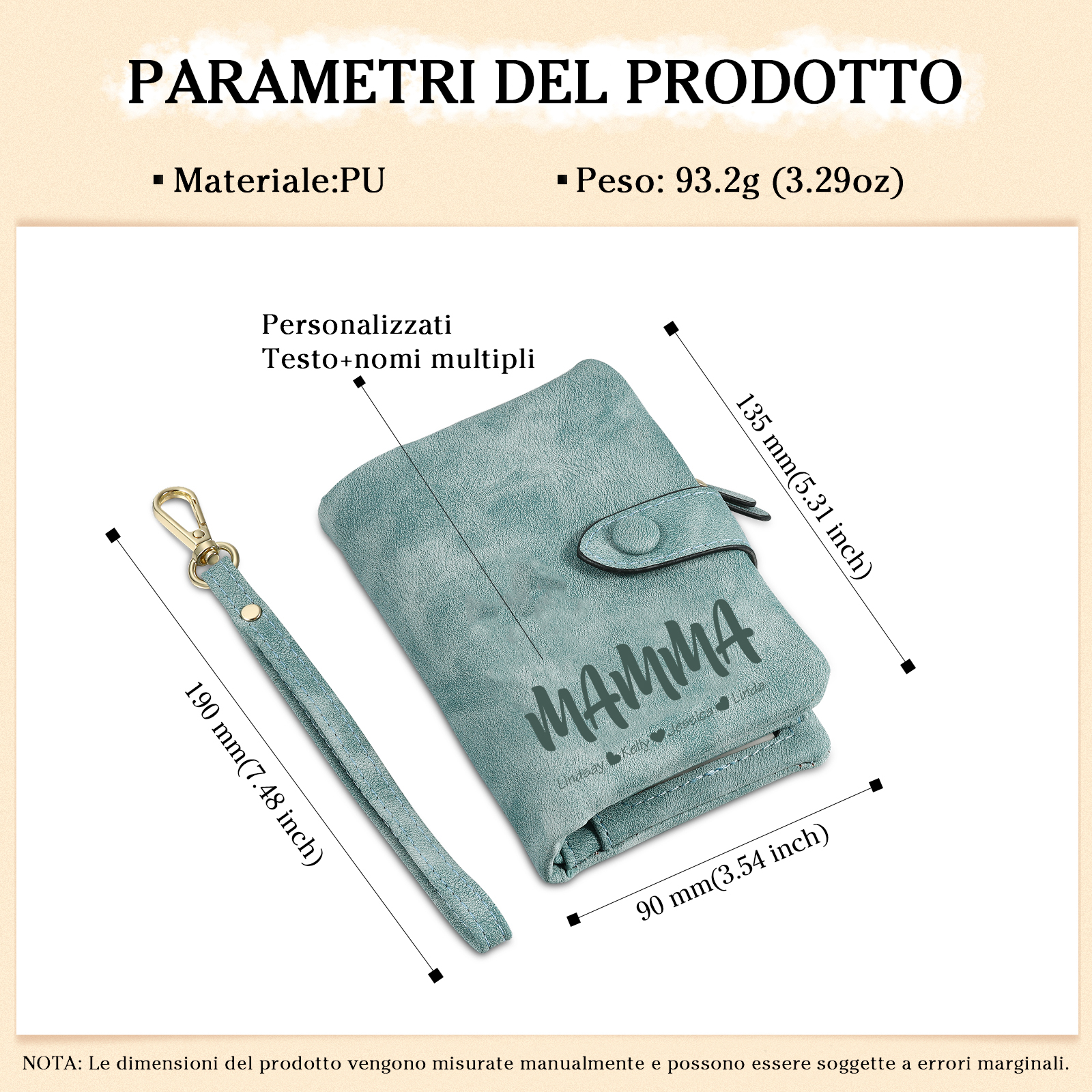 Portafoglio in PU pelle con 3 nomi & 1 testo & 1 foto personalizzati per mamma