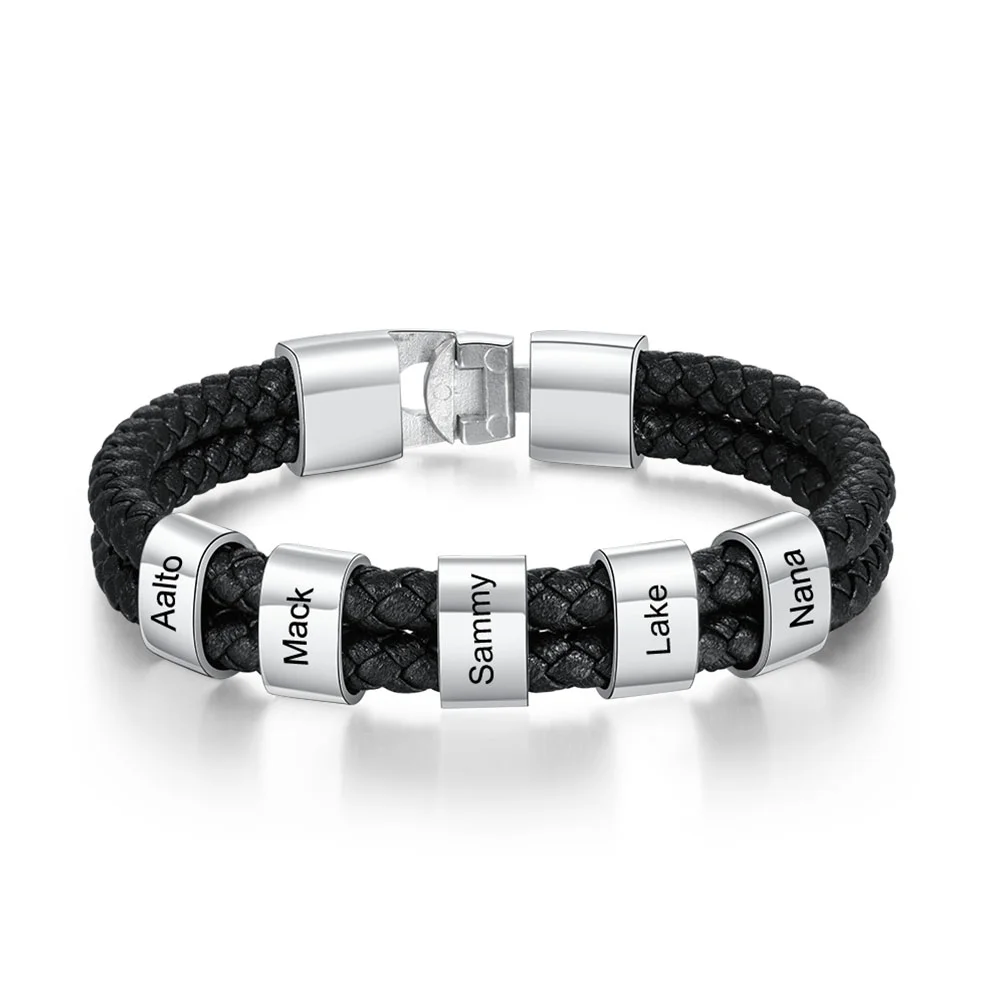 Herren Gravur 5 Namen Perlen Doppelt geflochtenes Lederarmband Kettenmachen