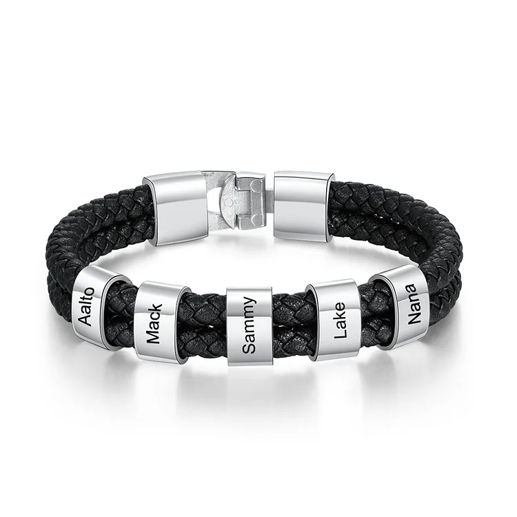 Customized  Braided Leather Bracelet Engraved 5 Names Men's Bracelet Gifts For Him