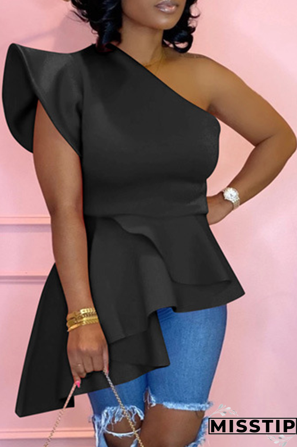 Blue Street Solid Flounce One Shoulder T-Shirts