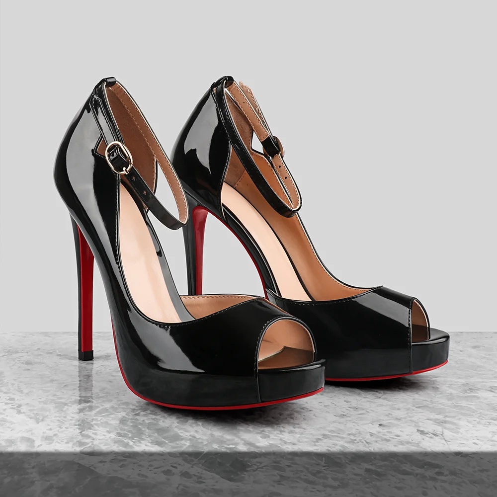 120mm/4.72 Inch Red Bottom Ankle Strap Platform Party Open Toe Slim High Heels