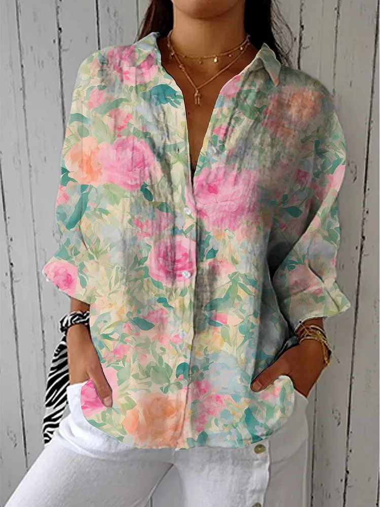 Women's Vintage Floral Art Print Casual Cotton Linen V-neck Shirt