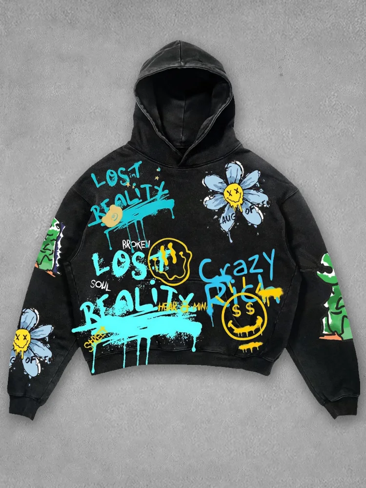 Color-blocking Graffiti Spray-painted Washed Sweatshirt