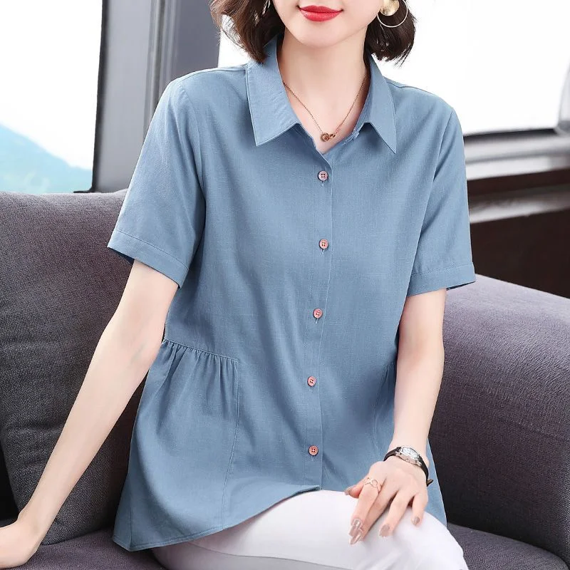 Pongl Women's Clothing Short Sleeve Shirt New Summer Loose Solid Color Blouse Lapel Button Shirring Fashion Elegant Office Lady Tops