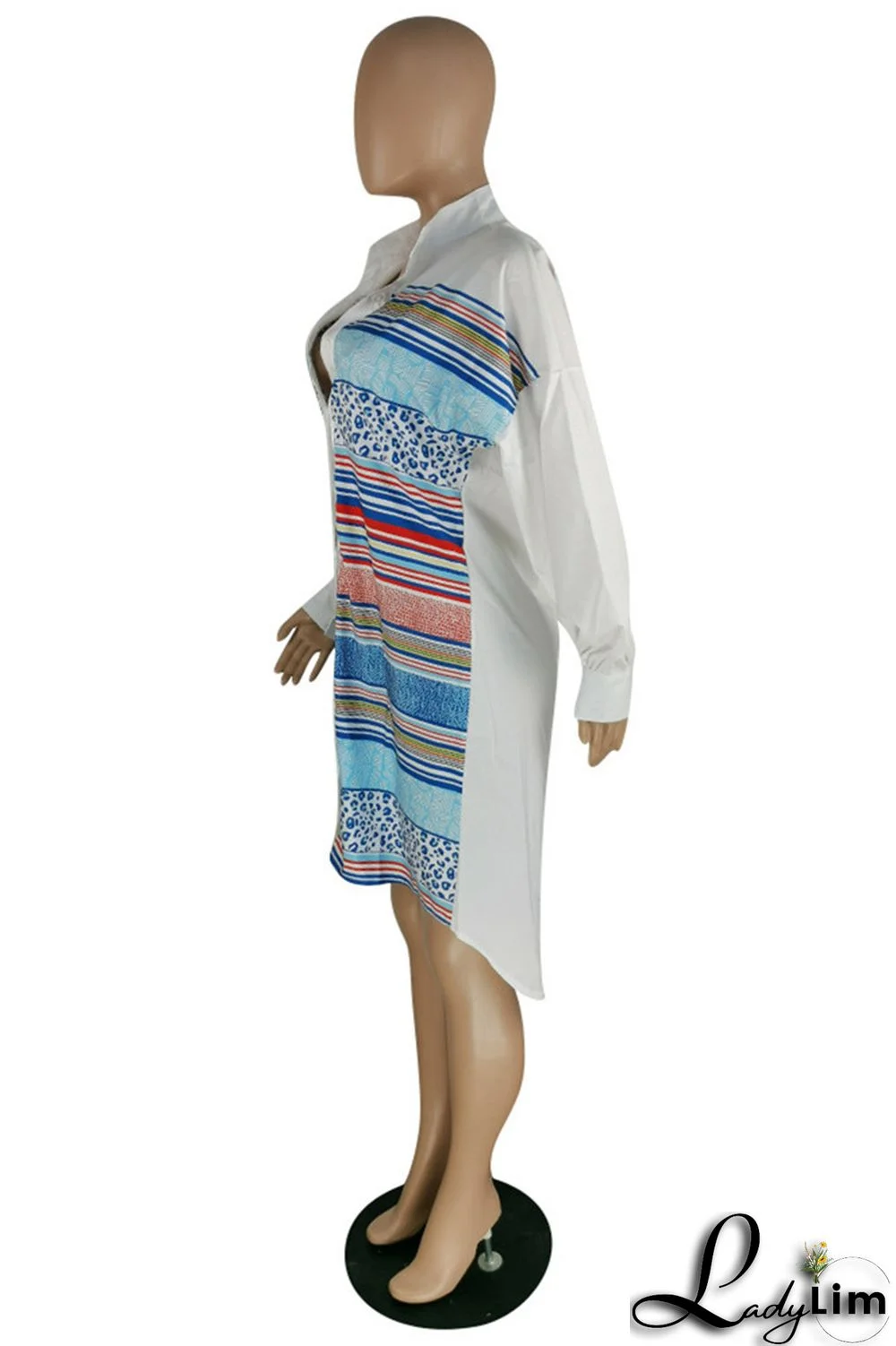 Blue Fashion Casual Striped Print Patchwork Shirt Collar Shirt Dress